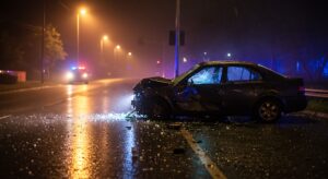 major car damage after a California car accident with CHP arriving to the accident scene