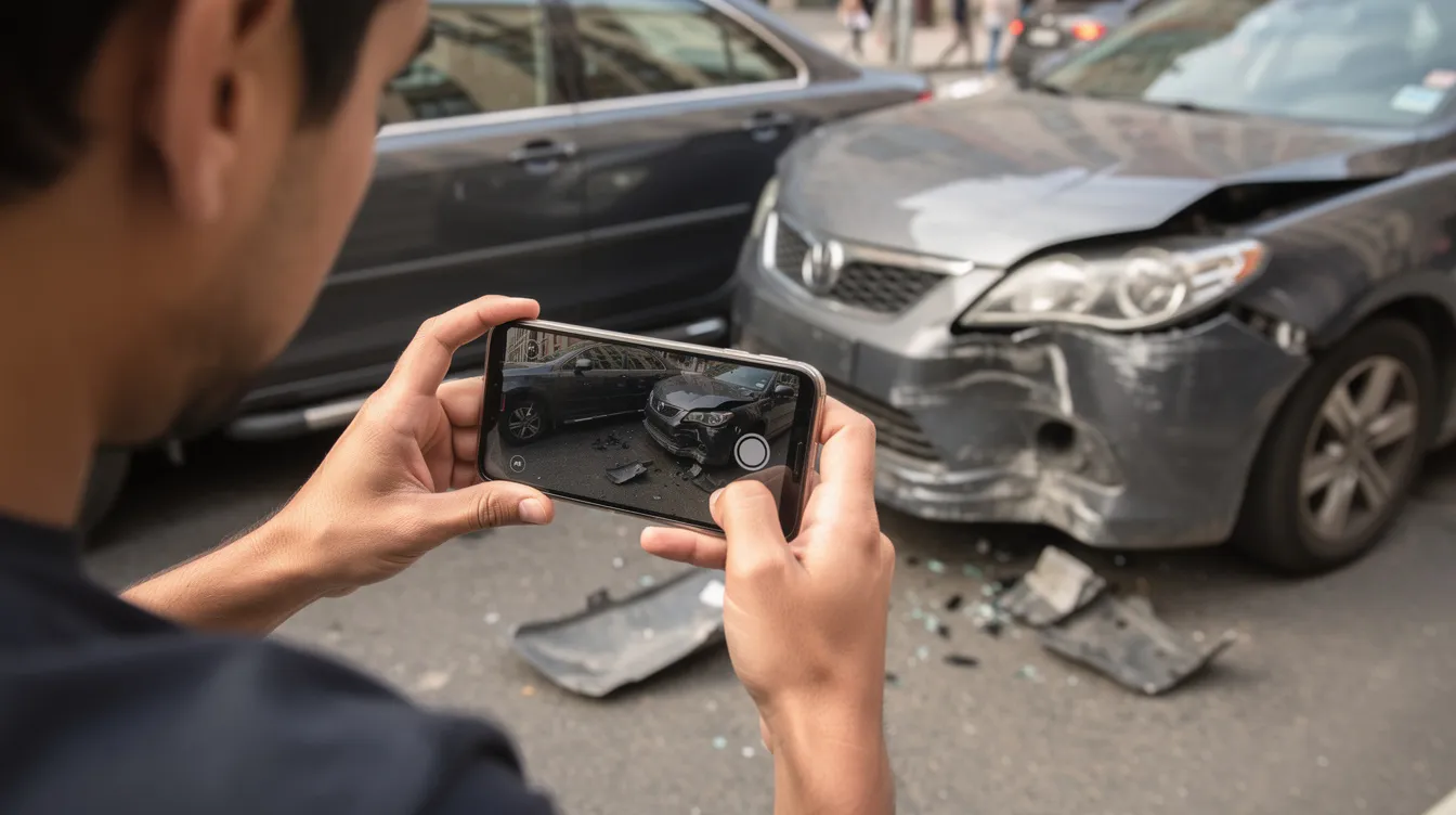 male taking photos of damaged vehicle and the overall accident scene following a crash to ensure the at-fault is held liable for damages