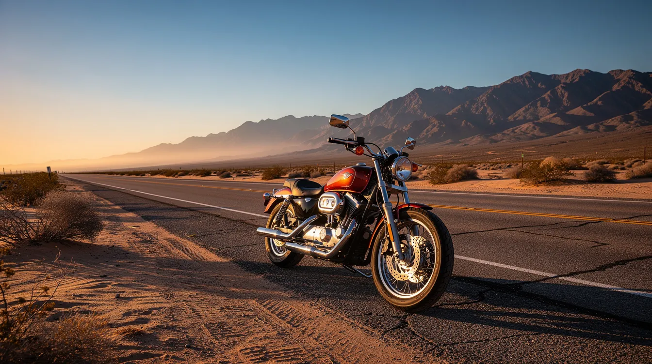 A parked motorcycle along a California road after a motorcycle accident.