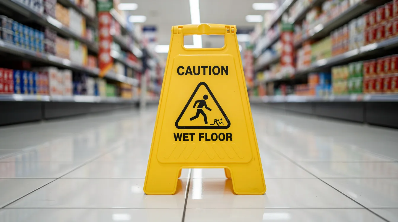 wet floor sign posted in a grocery store to worn of wet surface and prevent a slip-and-fall accident