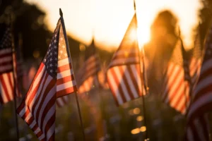 American flags aligned in a grassy area to represent popular American holidays, such as Memorial Day and the Fourth of July (4th of July)