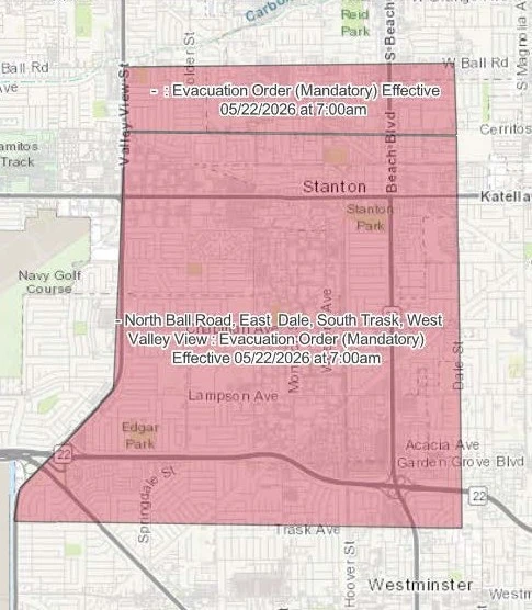 Detailed emergency evacuation map for Garden Grove, CA following the toxic chemical spill in May of 2026.