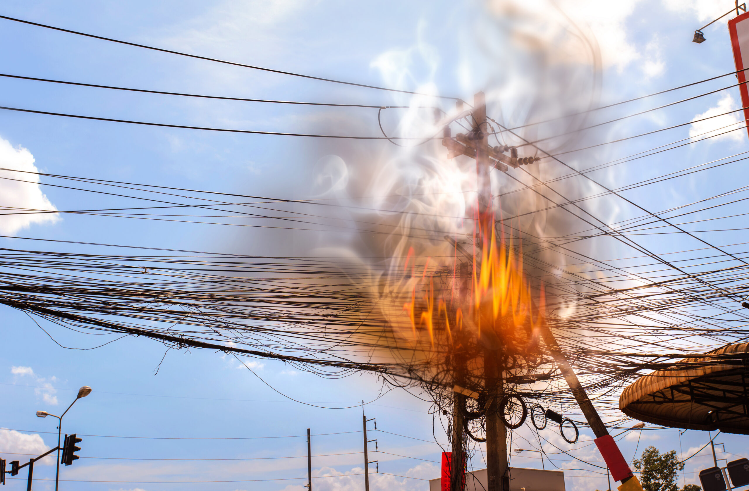 The image depicts a powerline catching fire due to an electric charge, which can result in a wildfire and fire damage.