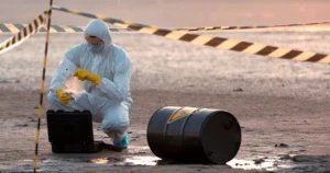 Toxic chemical spill being cleaned up around a residence in California.