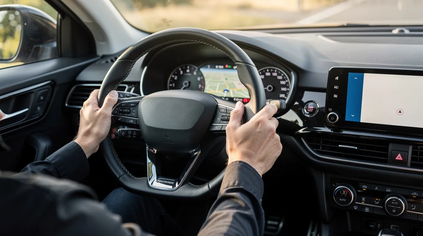 The image shows a close-up view of a car dashboard, highlighting a digital display with various indicators, while a driver's hands are positioned near the steering wheel, suggesting the vehicle may be in self-driving mode. This scenario reflects the advanced self-driving technology of a Tesla model, emphasizing the interaction between the driver and the autopilot system.