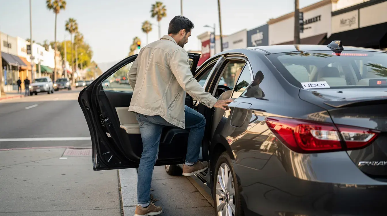 man getting into a rideshare vehicle, such as Uber or Lyft