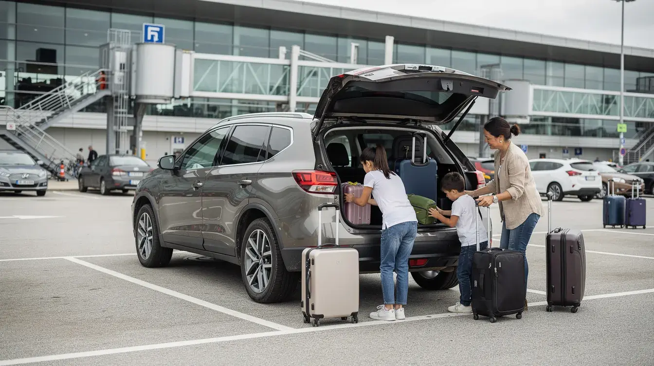 A family is loading suitcases into a midsize SUV parked in a lot near an airport terminal, preparing for their journey. This scene reflects the convenience of renting a vehicle, highlighting the process of loading luggage for a road trip, potentially using a service like Turo for a stress-free rental experience.