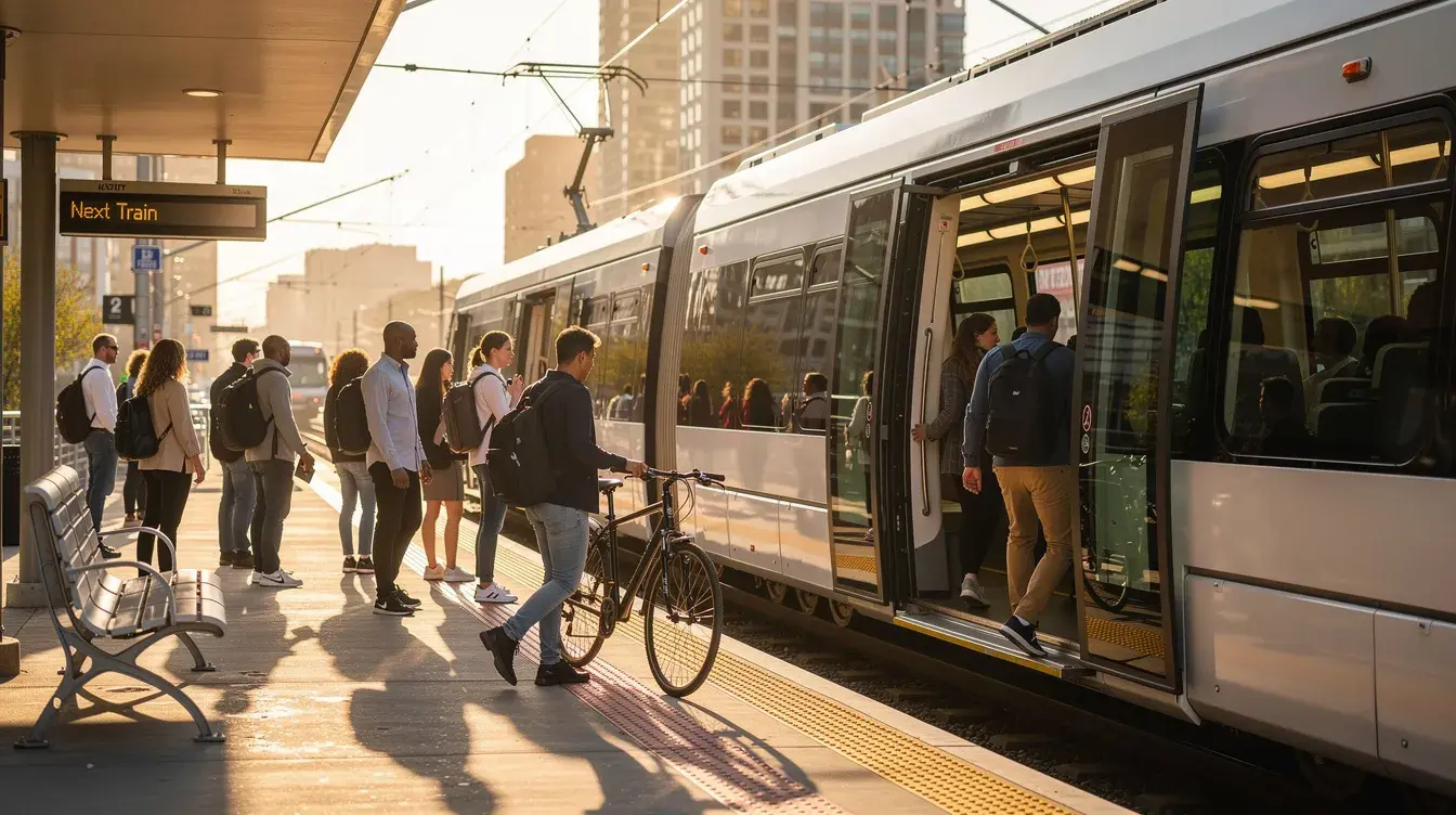 Passengers are boarding a modern light rail train at a transit platform during golden hour, with warm light illuminating the scene. This public transit hub is expected to play an important role in accommodating visitors during the FIFA World Cup 2026 events in Los Angeles, especially on match days.