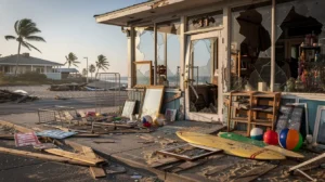 The image shows a damaged storefront near Newport Beach, with scattered debris and broken items littering the sidewalk, indicative of the violent and criminal behavior that occurred during the Fourth of July celebrations. Emergency vehicle access is hindered by the destruction, reflecting the chaos that ensued as a large group of young adults swarmed the area.