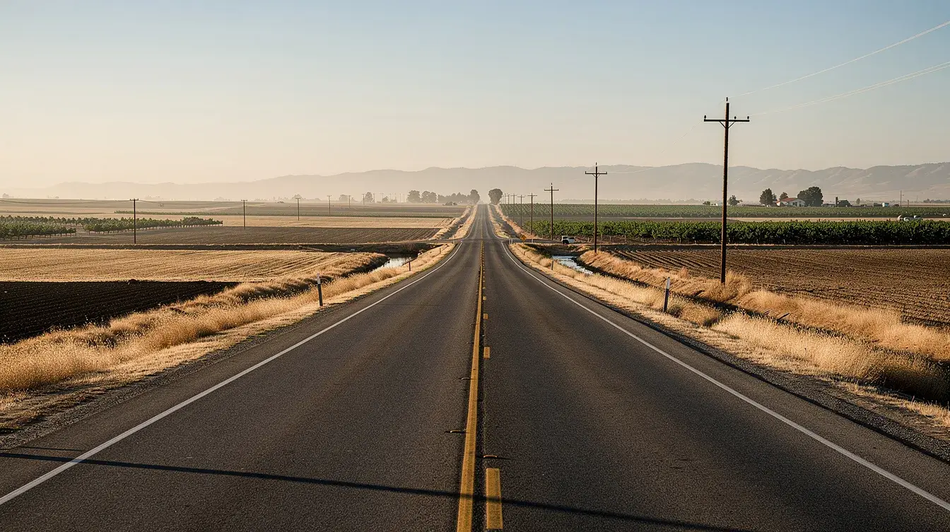 The image depicts a long California highway winding through expansive Central Valley farmland, highlighting the serene landscape that can often be the scene of car accidents in Fresno. This picturesque view serves as a reminder of the importance of having an experienced car accident lawyer to navigate the complexities of personal injury claims and recover fair compensation for accident victims.