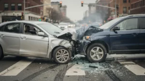 The image provides a close-up perspective of two compromised vehicles at a four-way intersection following a side-impact collision, underscoring the physical trauma and property damage resulting from the accident. Such incidents often warrant personal injury claims and require representation from a Bakersfield car accident attorney to pursue formal legal action and equitable compensation.