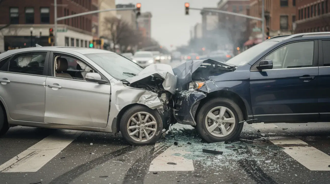 The image provides a close-up perspective of two compromised vehicles at a four-way intersection following a side-impact collision, underscoring the physical trauma and property damage resulting from the accident. Such incidents often warrant personal injury claims and require representation from a Bakersfield car accident attorney to pursue formal legal action and equitable compensation.