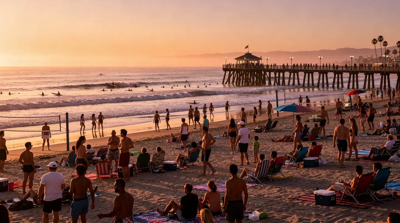 The image depicts a crowded Southern California beach at sunset, with large groups of young adults gathered near the Newport Pier area, enjoying the Fourth of July celebrations. The scene captures the vibrant atmosphere filled with people, highlighting the festive yet chaotic nature of the holiday weekend.