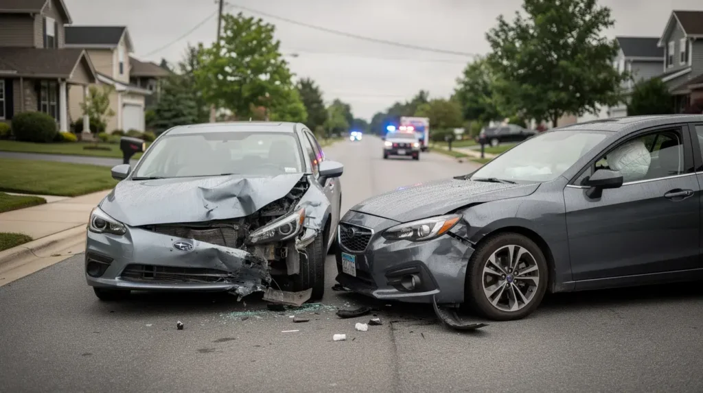The photograph depicts two motor vehicles exhibiting extensive front-end damage situated on a suburban roadway, with emergency services flashing in the background. This scene documents the aftermath of a vehicular collision, which frequently necessitates the filing of personal injury claims and the engagement of qualified personal injury attorneys to represent affected parties.