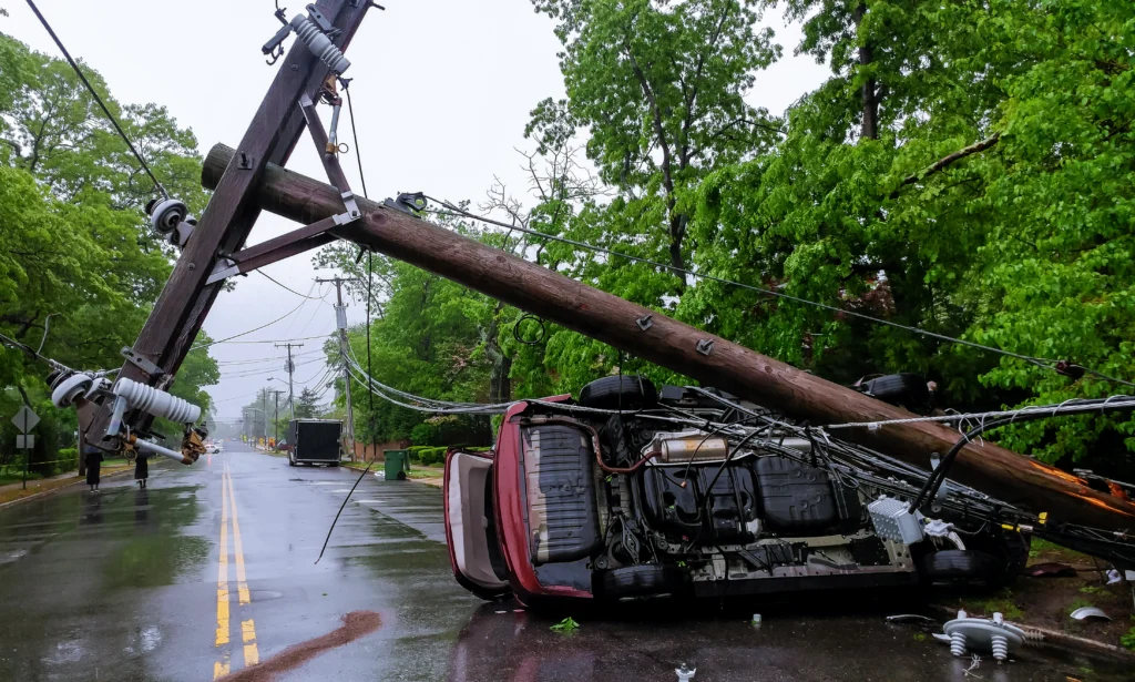 Car collides with power line, resulting in a rollover and potential power outage on a local roadway.