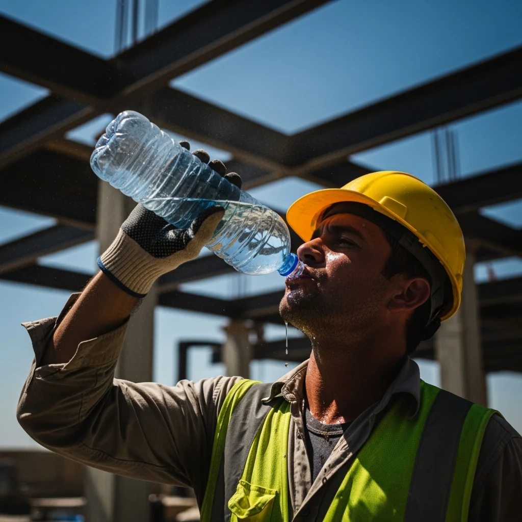 Male employee working at a construction site taking a designated break in a shaded area and drinking water, as California's federal OSHA regulations enforce rest periods, especially in construction, agriculture, landscaping, and manufacturing roles to prevent heat illness at work.