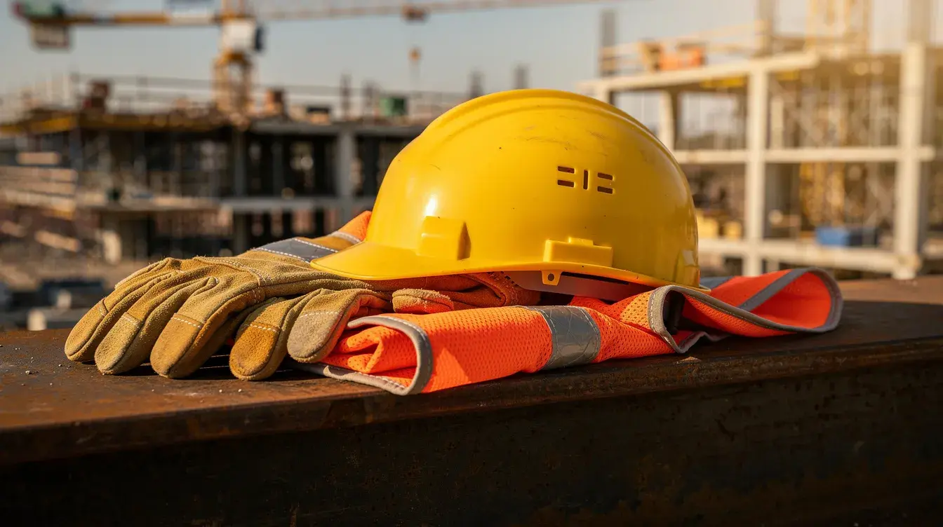 A hard hat, safety vest, and work gloves are placed on a steel beam at a construction site, symbolizing the essential safety gear for construction workers. These items highlight the importance of safety regulations to prevent construction accident injuries and ensure workers are protected from serious accidents.