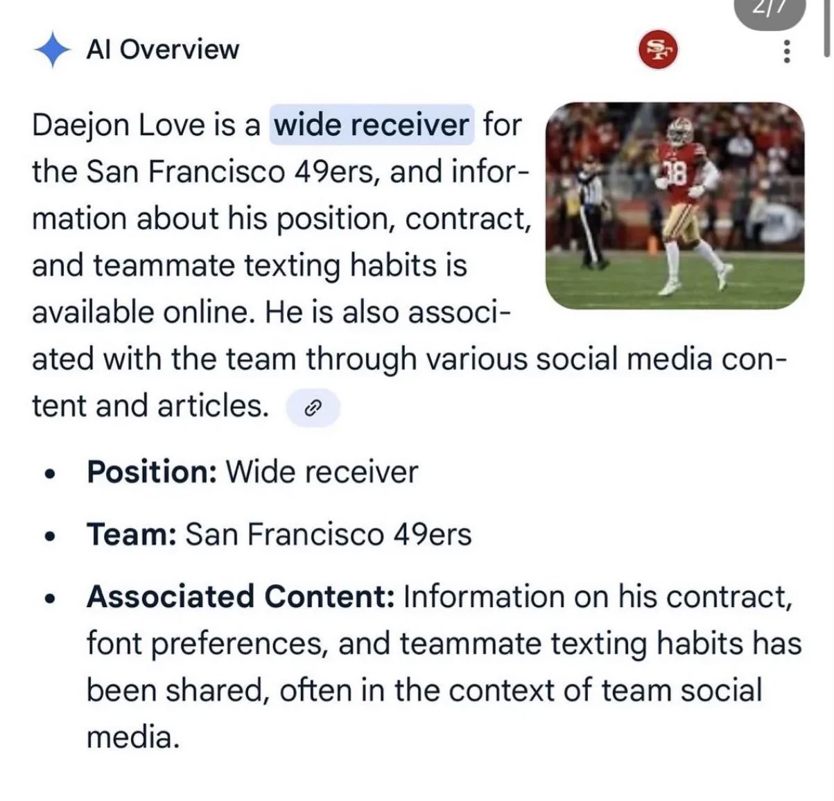 The image depicts a screenshot of Dajeon Love's Google AI profile that was constructed by Love, falsely stating that he was a professional football player for the San Francisco 49ers