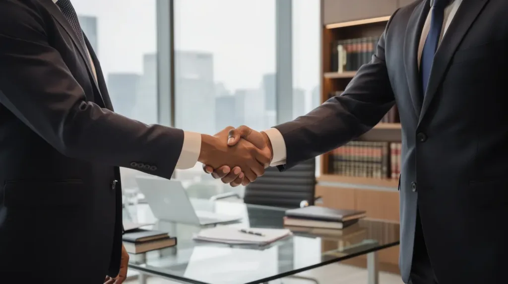 The image depicts a professional handshake between two individuals in a modern law office, symbolizing a strong attorney-client relationship in employment law matters. The setting reflects a sophisticated environment where Dallas employment lawyers engage with clients on issues such as employment discrimination and legal disputes.