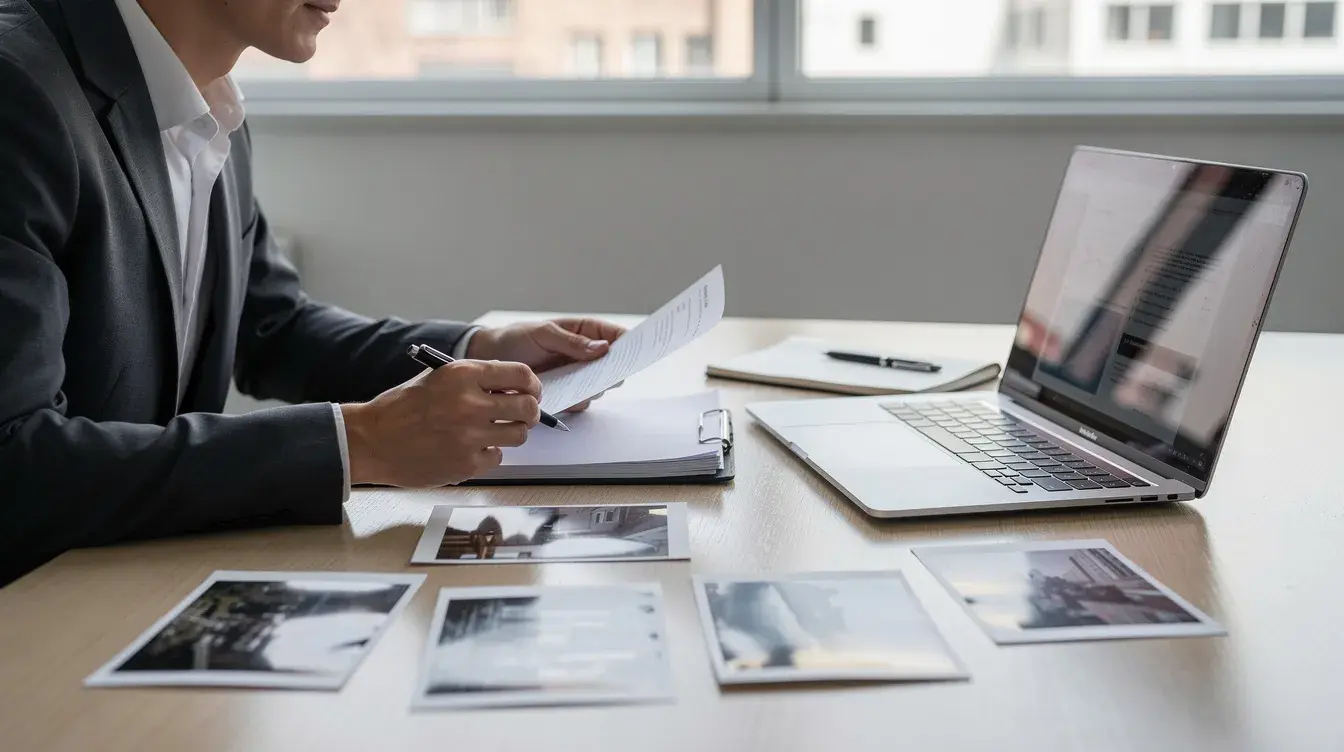 The image shows a person in business attire sitting at a desk, reviewing paperwork and photographs related to fire damage claims, while a laptop is open in front of them. This scene reflects the meticulous work involved in navigating the claims process with insurance companies, ensuring property owners receive fair compensation for their losses.